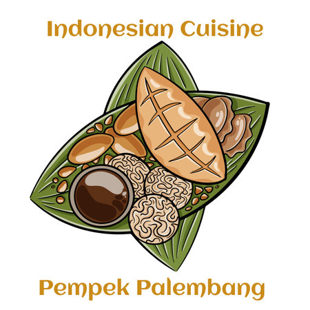 Pempek Palembang. Savory fish cakes in spicy vinegar sauce from Indonesian .Served with noodles and cucumbers in small ceramic bowlsのイラスト素材