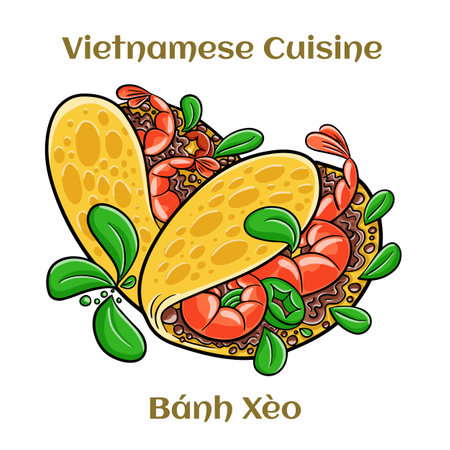 Banh Xeo. Vietnamese crepes filled with pork or chicken may also, shrimp, onions and bean sprouts, and hot sauce. Isolated vector illustration.のイラスト素材