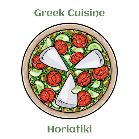 Greek Salad Horiatiki. Made With Pieces of Tomatoes, Sliced Cucumbers, Onion, Feta Cheese and Olives. Isolated vector illustration.のイラスト素材