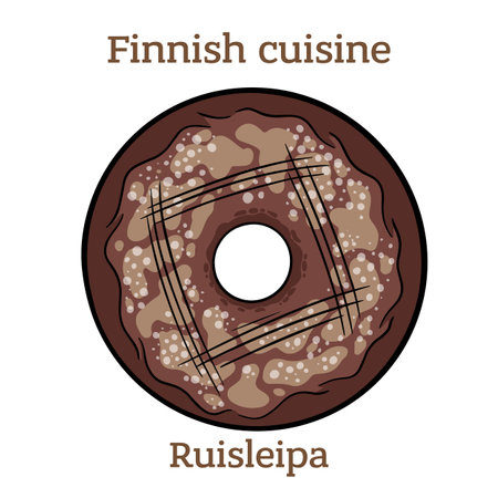 RuisleipÃ¤. Rye hole-bread is a traditional bread from Finland. A flat rye flour loaf with a hole in the middle. Finnish food. Vector image isolated.のイラスト素材