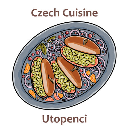 Utopenci. It is jar of piquantly pickled small sausages in sweet-sour vinegar stock, with ground black pepper, sliced onions and bay leaves. Czech food. Vector image isolated.のイラスト素材