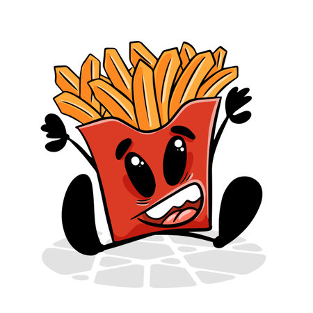 Bag of fries. Funny cartoon character. Vector isolated background