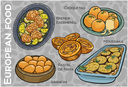 Popular Western & Central European Food Set. Hand-drawn & Vector.のイラスト素材