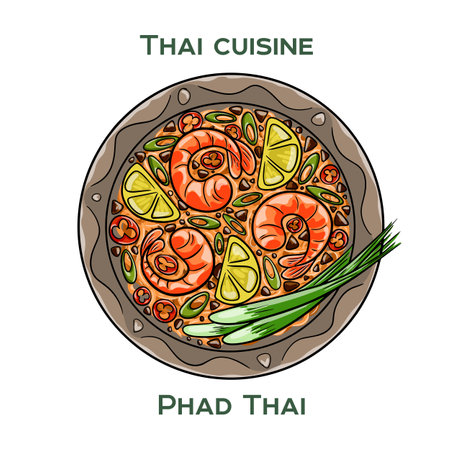Traditional Thai food. Phad Thai on white background. Isolated vector illustration.のイラスト素材