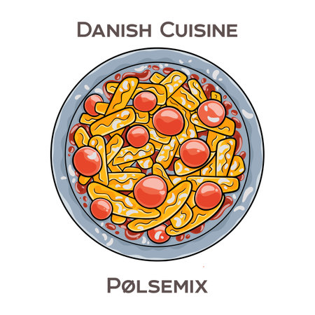 Polsemix is a popular Danish fast food dish consisting of sliced sausages mixed with French fries and topped with various condiments, typically ketchup, remoulade, and raw onions.のイラスト素材