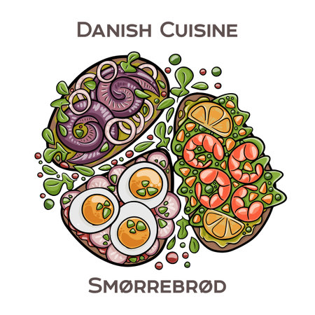 Smorrebrod is a traditional Danish open-faced sandwich consisting of a slice of rye bread topped with various combinations of meats, fish, vegetables, and spreads.のイラスト素材
