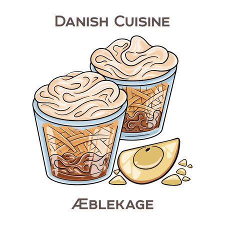 Aeblekage is a traditional Danish dessert consisting of layers of sweetened apple puree, crushed cookies or breadcrumbs, and whipped cream.のイラスト素材