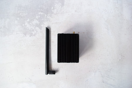Helium hotspot cryptocurrency miner top-down view of the device.