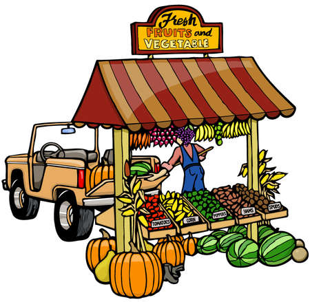 This clip art features a fruit and vegetable fruit stand with a classic truck in the background.のイラスト素材