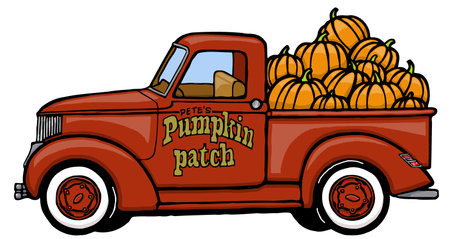 This clip art features a 1950s pickup truck with pumpkins in the back on the door petes pumpkin patch.のイラスト素材