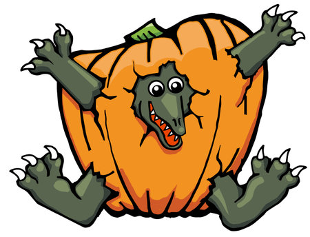 baby dinosaur breaking out of a pumpkinのイラスト素材