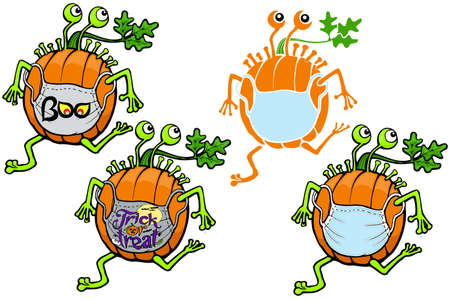 funny cartoon pumpkins with a virus wearing masksのイラスト素材