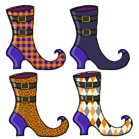 cartoon set of witchs boots in various patternsのイラスト素材