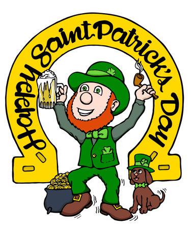 cartoon leprechaun with gold horseshoeのイラスト素材