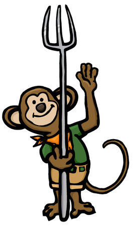 cartoon monkey zookeeper holding a pitch forkのイラスト素材