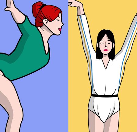 two women gymnasts in white and green tightsのイラスト素材