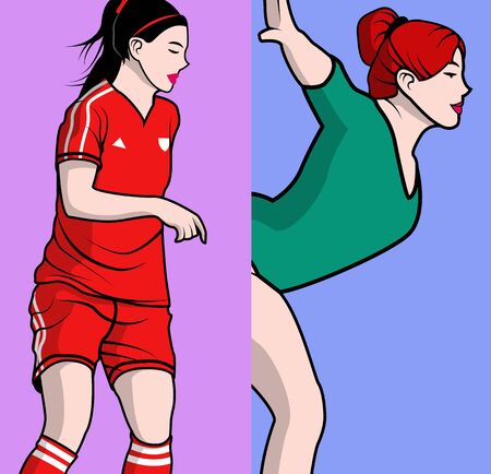 female soccer player and female gymnast playingのイラスト素材