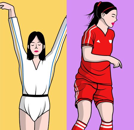 female gymnast and female soccer player isolatedのイラスト素材