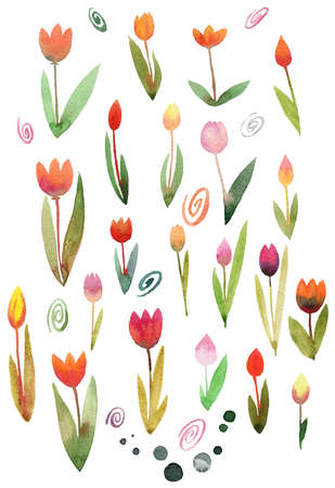Floral Seamless Pattern with Watercolor Tulips. Spring Background with Blossom Flowers for Fabric, Wallpaper, Posters, Banners.の写真素材