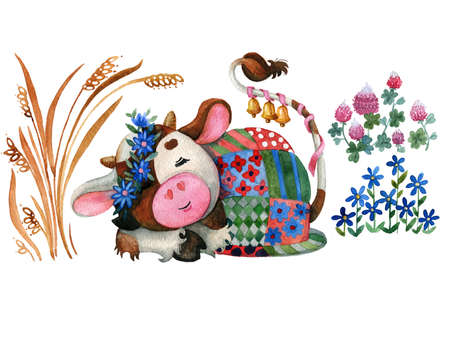 Children's picture with sleeping cute animals. Style for kids texture for fabrics, cards, packaging, textiles, wallpapers, clothes. Watercolor illustration. Design for a child.の写真素材
