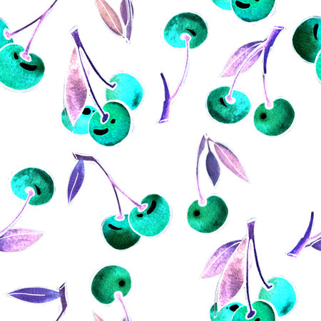 Watercolor hand painted cherry. For design. Seamless patterns, fabrics, wrapping paper, wallpaper.