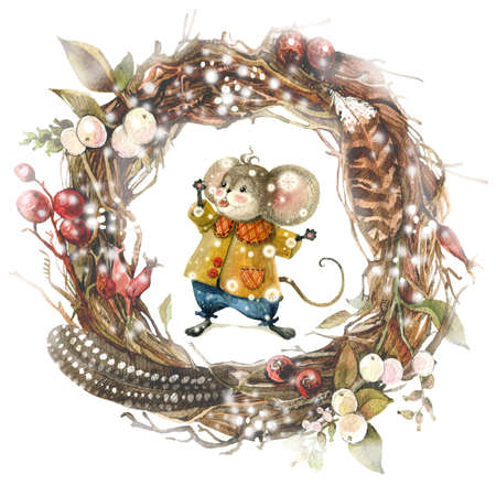 A cute Christmas mouse in a cartoon style catches snowflakes in a frame from a Christmas wreath. Watercolor christmas illustrationの写真素材