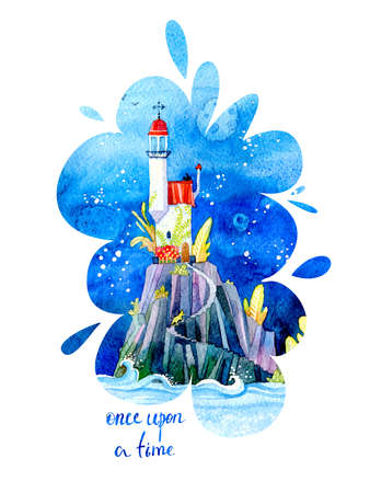 Fantastic lighthouse. Fairytale tower, illustration for the children, print, holiday card.の写真素材
