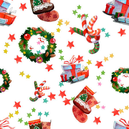 Seamless pattern. Christmas pattern socks, wreath, stars, gifts, sweets.の写真素材