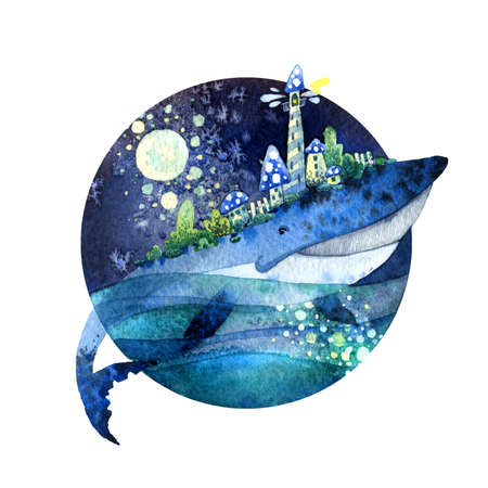A fabulous space whale and a city with mushrooms on his back. Greeting card, watercolor illustration,の写真素材