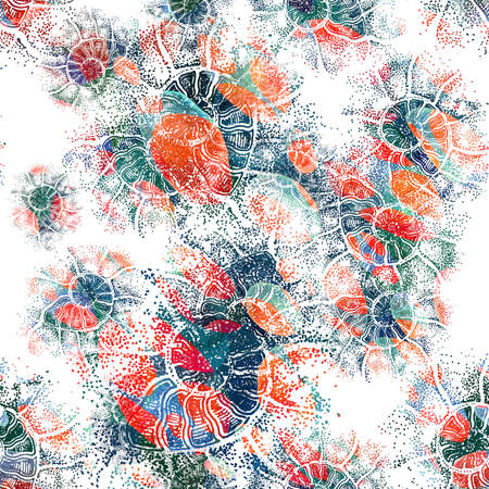 . Seamless pattern. Image of ammonite shell on the sand, graphic handworkの写真素材