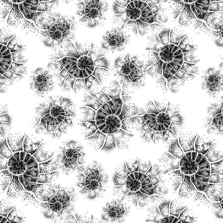 . Seamless pattern. Image of ammonite shell on the sand, graphic handworkの写真素材
