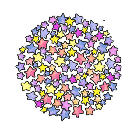 Watercolor stars with contour, circle shaped pattern.の写真素材