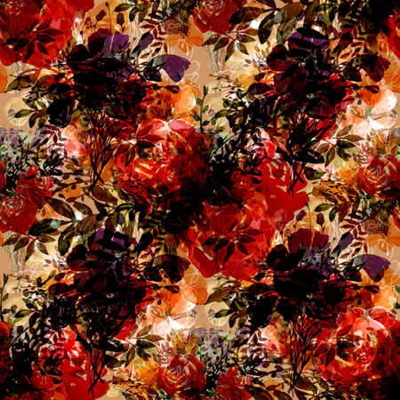 Seamless pattern with elements of flowers, abstraction and watercolor stains.の写真素材