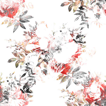 Seamless pattern with elements of flowers, abstraction and watercolor stains. Handmade watercolorの写真素材