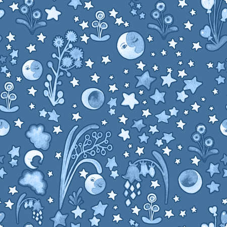 Cute childish seamless pattern with stars, flowers, clouds, moon. Handworkの写真素材