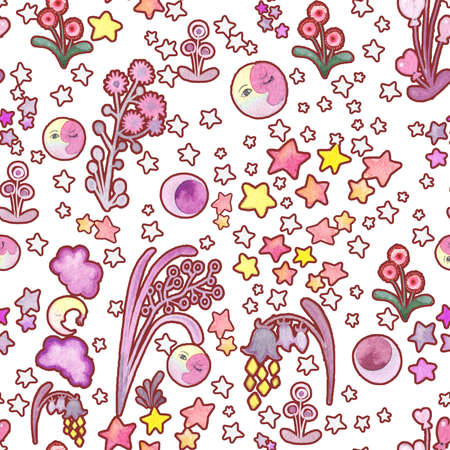 Cute childish seamless pattern with stars, flowers, clouds, moon. Handworkの写真素材