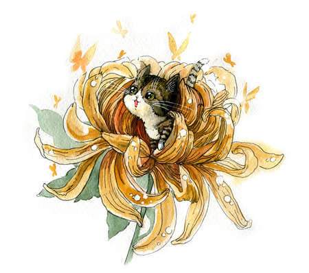 Cute kawaii cartoon cat in chrysanthemum flower. Watercolor illustration, handmadeの写真素材