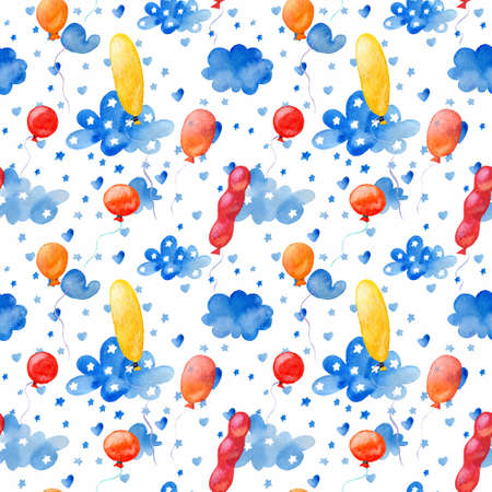 Seamless pattern. Watercolor handwork. Clouds, stars and multi-colored balloons on a white background.の写真素材