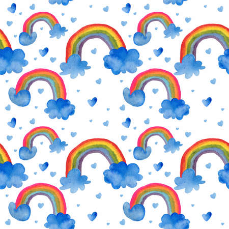 Seamless pattern. Watercolor handwork. Rainbow and clouds in white backgroundの写真素材