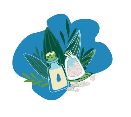 Herbal cosmetics, natural oil and petals. Olive oil, sakura or petals.のイラスト素材