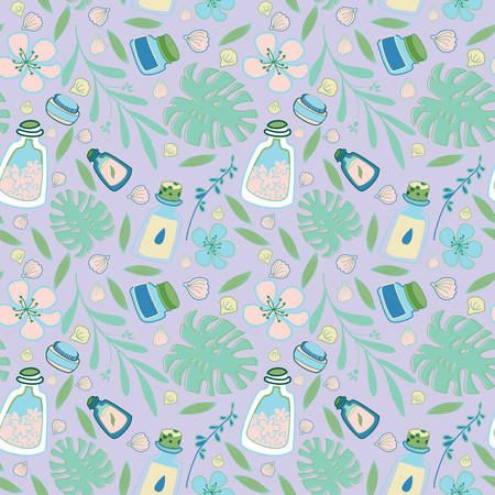 Organic cosmetic seamless pattern: bottles, jars, tubes. Herbal cosmetics texture. Flat hand drawn style. Woman stuff, eco girls accessory concept. Natural face care products.のイラスト素材