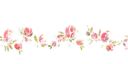 Wavy horizontal seamless pattern of simple roses. Watercolor illustration, handmade.の写真素材