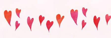 Wavy horizontal seamless pattern of simple hearts. Watercolor illustration, handmade.の写真素材