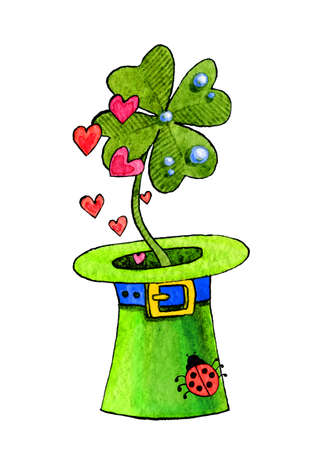 A leaf of four leaf clover with dew drops from a Lepricon hat with a ladybug and hearts, for good luck. Watercolor illustration.の写真素材