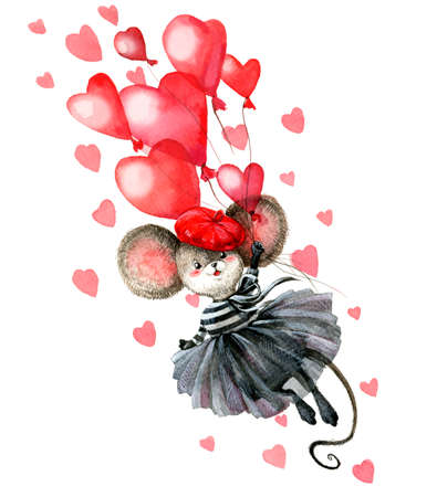 A mouse dressed in French style clothing flying in the form of hearts in balloons.の写真素材
