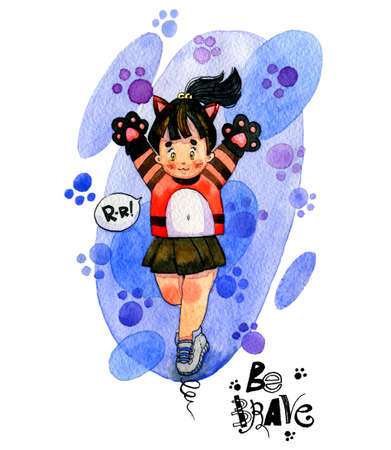 Watercolor illustration. Cute kawaii girls in the form of signs of the Gita horoscope. The humanization of the tiger.の写真素材