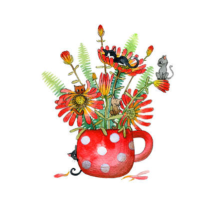 Seals on gerbera flowers that stand in a red mug with peas. Watercolor illustration.の写真素材