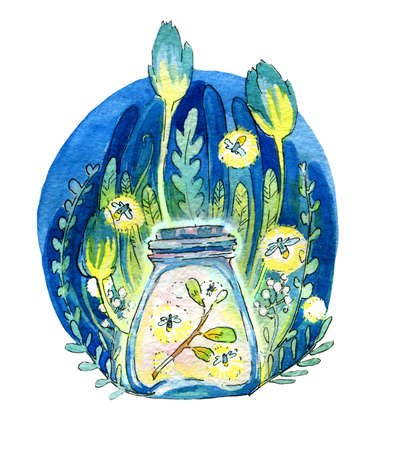 The magic jar. Luminous jar with fireflies, lights, night and magic against the background of the forest. Watercolor illustration.の写真素材