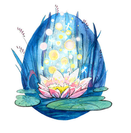 Magic lotus on the water with lights of magic. Watercolor illustration. Handmade.の写真素材