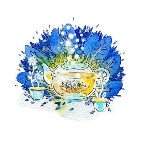 Magic glow. Transparent tea pot with a luminous lotus inside. Watercolor illustration, handmade.の写真素材